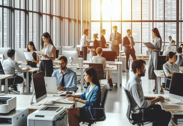a group of people working on computers and laptops
