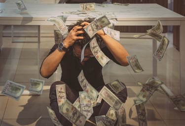 a woman sitting on a table with money bills