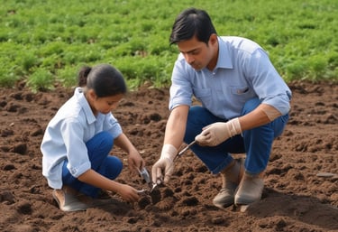 A person is tending to a garden, spreading organic material onto the soil between rows of young plants. The setting is a well-organized farm with various types of plants growing in parallel rows. A wheelbarrow filled with similar organic material is visible nearby.