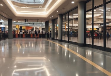 A wooden floor features a bold white design with the words 'Adventure Bound' around three circular illustrations. The illustrations depict a boot, a crossed paddle design, and a backpack. The floorboards are dark with a reddish-brown border, and a pair of shoes is visible at the bottom.