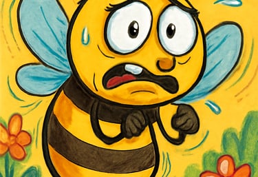 An anxious animated bee sweating and looking scared. 