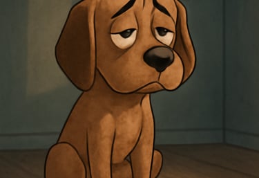 A depressed animated dog in a grim enviourment. The Dog seems to be sad. 