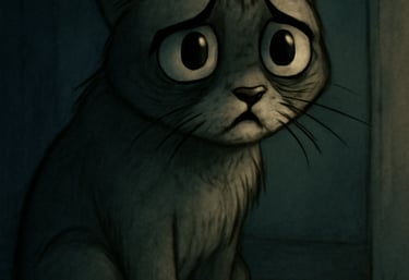 A grim image of a cat in a dark enviournment. The image seems to be negitive and dark. 