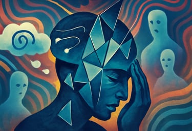 A colourful potrait of a face with dark enviourment sourrounded by negative thoughts. 