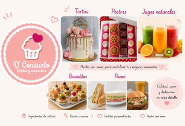 tortas, postres, jugos naturales, bocaditos y panes artesanales