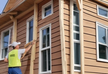 A person wearing protective gear is applying a white substance on a flat surface, possibly for insulation or coating. The individual is on a rooftop with a clear blue sky overhead. There are power lines in the background and a structure resembling a chimney.
