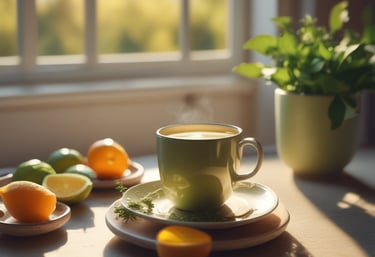 A cup filled with amber-colored tea sits on a light marbled surface. Next to it, there is a green and black box labeled Elixir Slim Amazonite High Quality CBD. A blurred green plant is in the foreground, and a small clear bag with a logo is nearby.