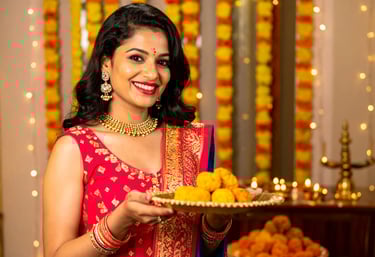 a woman in a red sari outfit holding a tray with a plate of food