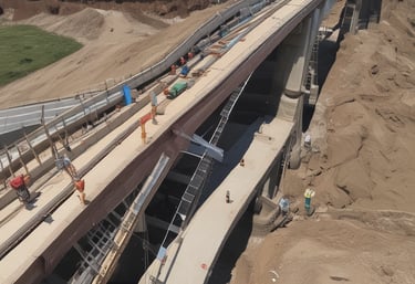 A construction site in progress with exposed steel beams, scaffolding, and a partially built brick wall. A wheelbarrow and various construction materials are scattered on the unfinished concrete floor. Wooden planks and a ladder are seen, with greenery visible in the background through an opening.