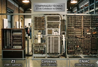 Comparação dos primeiros computadores Z3, Colossus e ENIAC exibidos em um museu de tecnologia.