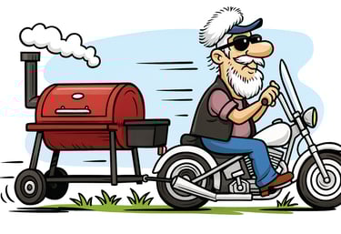 Cartoon of old biker with white hair and beard on his motorcycle pulling a smoker grille.