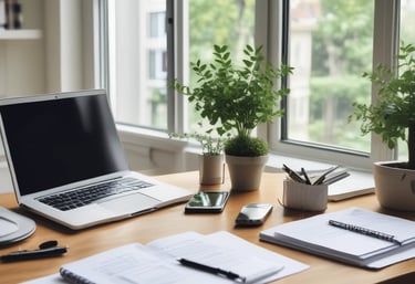 Modern office desk with laptop and documents, symbolizing remote property management.