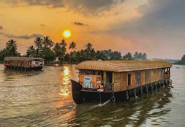 Houseboats on Alappuzha backwaters at sunset, a serene part of Kerala tours from Chennai.