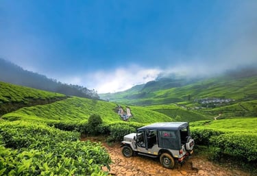 Misty Munnar tea plantations with an off-road jeep, ideal for scenic Kerala tours from Chennai.