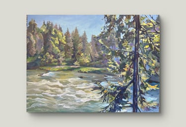 'Enchanted River Where Nature's Force Unfolds' 18x24 inches River Landscape Oil Painting by Angela M