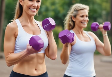 Six women are exercising in a spacious, light-filled gym with exposed brick walls and large windows. They are standing in a row, each holding a pink dumbbell in one hand, and appear to be engaged in a fitness routine. The women are dressed in athletic wear, including sports bras and leggings, in a variety of colors. The room has a high, wooden-beamed ceiling and a polished concrete floor.