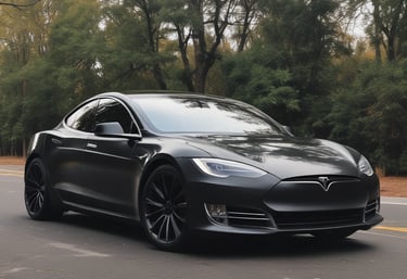 A large, prominent red sign with the Tesla logo and brand name is placed near a parking area. Surrounding the sign are parked cars, including a white Tesla Model S. The background features a street with buildings, including a brick building with multiple windows and a store with the Aldi logo. The sky appears overcast.