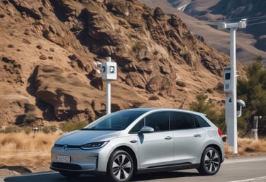 A black Tesla SUV with its falcon-wing doors open is parked on a dirt path. Behind the car, there is a scenic view of mountains and a cloudy sky.