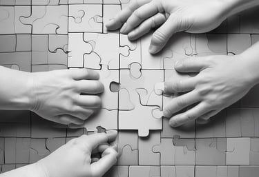 Close-up of hands arranging puzzle pieces symbolizing institutional alignment and decision frameworks.
