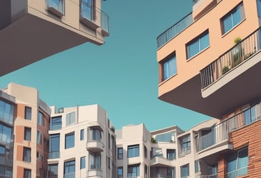 A construction site with several large, modern-looking residential buildings. The landscape in the background shows green fields and distant settlements. There is a swimming pool and a basketball court within the complex. Trees line the edges of the site.