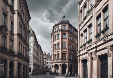 A cityscape with a real estate sign in the foreground, prominently displaying the name and phone number. Surrounding the sign are various buildings with different architectural styles, some with scaffolding and green netting. The scene features a mix of older, worn structures alongside modern glass-fronted buildings. Power lines and construction materials add to the urban complexity.