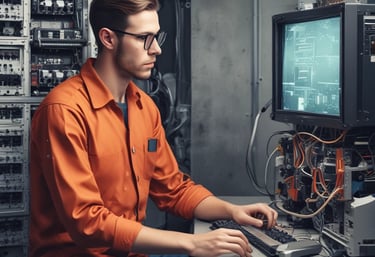 a man in a orange shirt is sitting at a computer