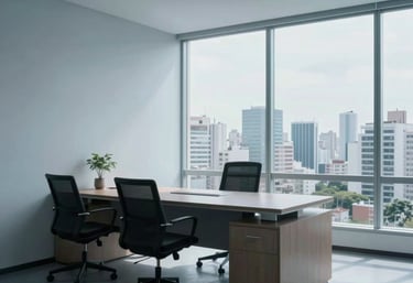 A minimalist South American / Brazilian office interior with clean lines, soft Alice Blue lighting, and a view of a city skyline through large windows.