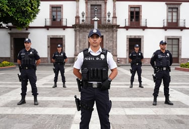 A vigilant security guard in uniform standing confidently in front of a government building in Mexico.