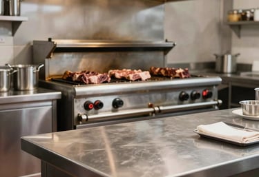 Professional photography of a modern Brazilian churrascaria kitchen. Stainless steel surfaces, wood-fired grill in the background, organized and clean Scandinavian-inspired layout.