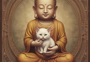 Gentle cats lounging peacefully in a sunlit sanctuary surrounded by greenery.