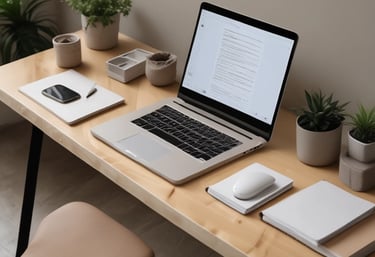 A cozy writing nook with colorful notebooks, a laptop, and a steaming cup of tea.