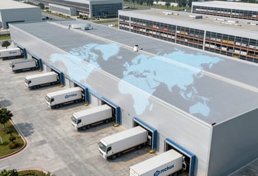 An aerial view of a large distribution center or warehouse with several loading docks and parked trucks. The area is organized with clear lines and parking spaces. The roof of the warehouse is visible, highlighting its industrial design. There are a few cars in the parking area, indicating activity but not congestion.