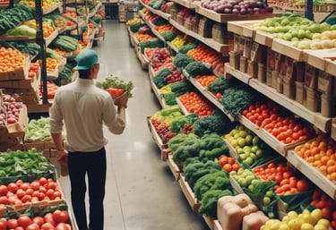 A bustling fruit and vegetable market stall with a variety of fresh produce. Crates filled with tomatoes, cucumbers, and other vegetables are neatly stacked. There are vendors interacting with customers and organizing the produce. A colorful tarp provides shelter, creating a vibrant atmosphere.