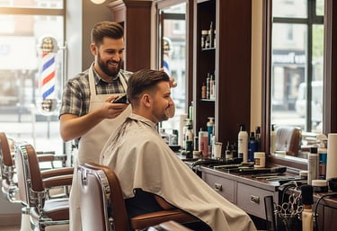 a man getting his hair cut by a barbershop