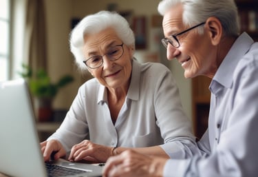 A friendly technician assisting a client with their computer at home.