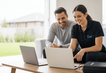 a man and woman sitting on a couch in a living room