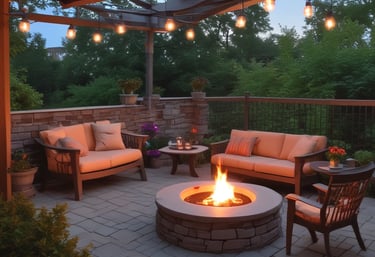 A beautifully designed patio featuring light blue slabs surrounded by greenery.