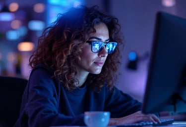 Ein Frau mit Brille schaut in Computer-Bildschirm