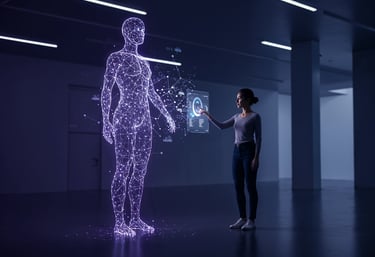 Eine Frau steht in einem Raum mit einem digitalen Bildschirm und einem Androiden