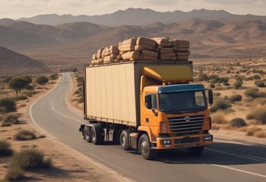 A large industrial component is being transported on a multi-axle trailer along a rural road surrounded by dense greenery. The component is covered with a bright blue tarp, indicating protection during transit. Two trucks are involved in the transport, with one leading and another following the trailer.
