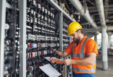 An extensive outdoor electrical substation features numerous transformers, circuit breakers, and metal structures interconnected by a grid of cables. The area is fenced, and the ground is covered in gravel. Overhead power lines are prominently visible along with high-voltage equipment.