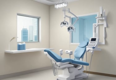 A modern building with large glass windows and a sign reading 'Pilappilly Tower' at the top. It houses a dentist clinic, with a green and white sign advertising it as a multi-specialty dental clinic. Below the clinic sign, there is a larger black sign with decorative text in another language. The surrounding environment includes electrical wires and a few trees visible to the right side.