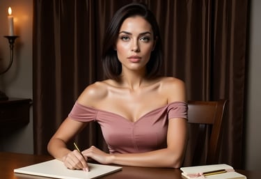 Vivienne Vale sits at a candlelit desk in a mauve dress, pen in hand, poised in an intimate writing 