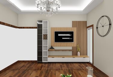 Modern living room featuring a wooden TV wall unit, chandelier, and hardwood floors.