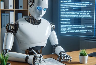 Un robot humanoide firmando un contrato en una oficina,  muy seguro de lo que está haciendo.