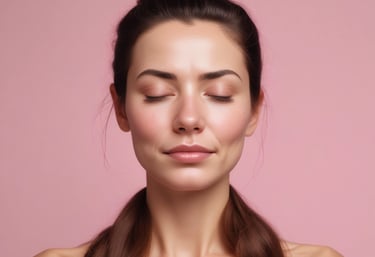 A collection of beauty and skincare products is arranged on a surface, including bottles of oils and serums, cosmetics like lipstick and blush, makeup brushes in a holder, and a lit black candle adding ambiance. The setup is accompanied by cotton swabs, emphasizing a self-care or beauty routine theme.