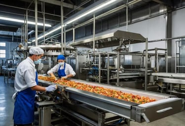 Workers in masks and hairnets inspect vegetables on a conveyor belt in a food processing plant.
