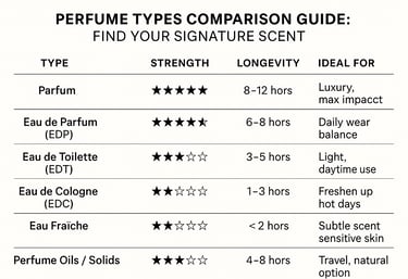 Perfume Types Comparison Guide showing differences of perfume types by strength, longevity, and ideal for