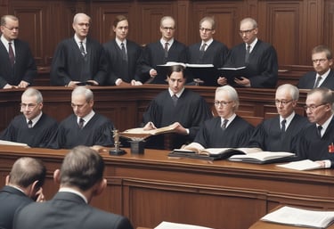 A historic courtroom setting featuring a wooden witness stand or dock with a surrounding fence and podium. The room is adorned with wood paneling on the walls and a framed portrait hanging to the right. A large window allows natural light to illuminate the space. A coat of arms hangs on one of the walls.