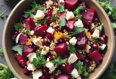 A colorful spread of fresh salads and power plates on rustic wooden table.